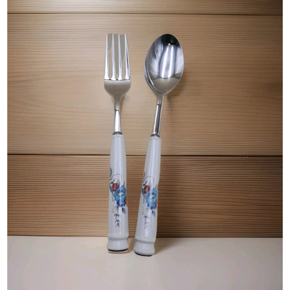 Set 2 Noritake BLEUFLEUR Stainless Floral Japan Cold Meat Fork & Serving Spoon